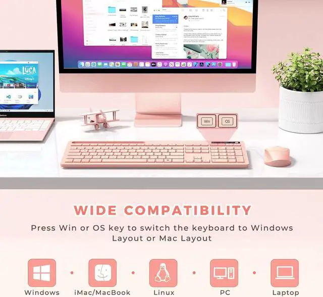 Alt view image 3 of 7 - Wireless Keyboard and Mouse for MacBook, Vivefox Pink Wireless Keyboard with Phone Holder USB A & Type C Receiver Rose Gold Keyboard and Mouse for Windows, Mac, MacBook/Air/Pro Computer