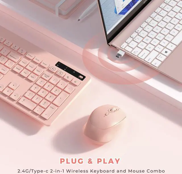 Alt view image 5 of 7 - Wireless Keyboard and Mouse for MacBook, Vivefox Pink Wireless Keyboard with Phone Holder USB A & Type C Receiver Rose Gold Keyboard and Mouse for Windows, Mac, MacBook/Air/Pro Computer