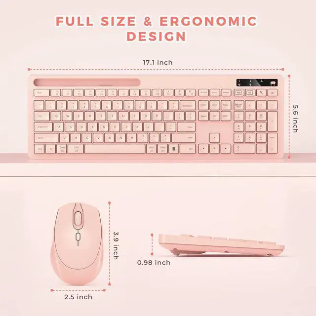 Alt view image 6 of 7 - Wireless Keyboard and Mouse for MacBook, Vivefox Pink Wireless Keyboard with Phone Holder USB A & Type C Receiver Rose Gold Keyboard and Mouse for Windows, Mac, MacBook/Air/Pro Computer