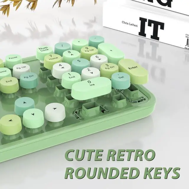 Alt view image 3 of 7 - Wireless Keyboard and Mouse Combo, Cute Colorful 104-Key Typewriter Retro Round Keycaps Keyboard for PC Laptop,Windows,Desktop,Perfer for Home and Office Keyboards (Green)