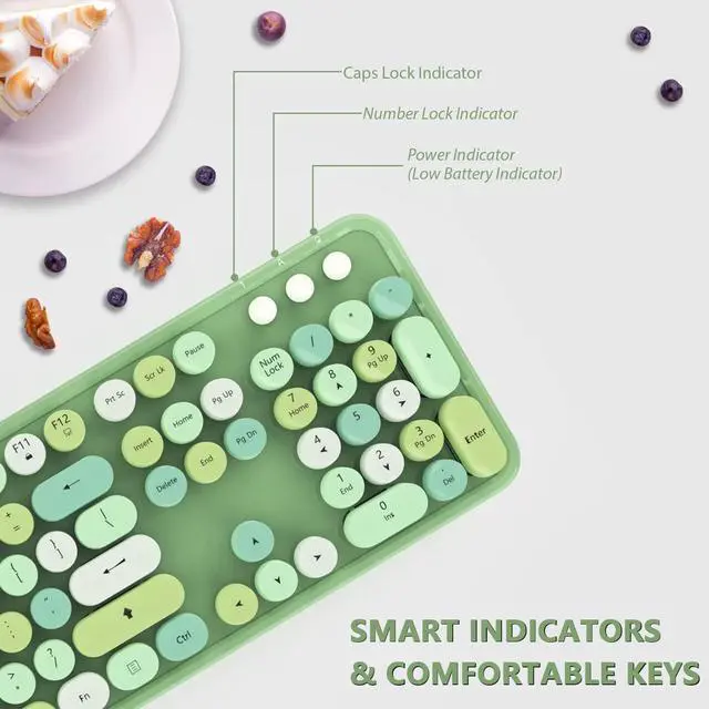 Alt view image 4 of 7 - Wireless Keyboard and Mouse Combo, Cute Colorful 104-Key Typewriter Retro Round Keycaps Keyboard for PC Laptop,Windows,Desktop,Perfer for Home and Office Keyboards (Green)