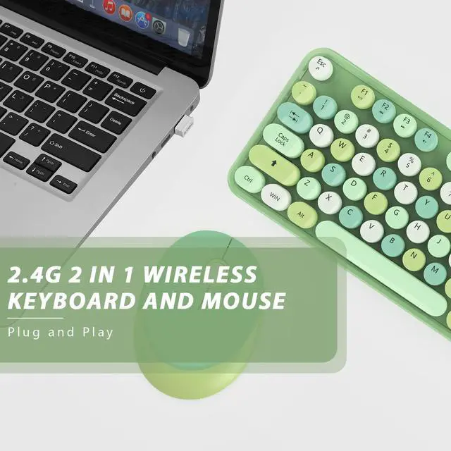 Alt view image 2 of 7 - Wireless Keyboard and Mouse Combo, Cute Colorful 104-Key Typewriter Retro Round Keycaps Keyboard for PC Laptop,Windows,Desktop,Perfer for Home and Office Keyboards (Green)