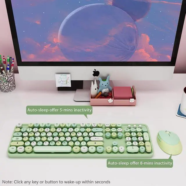 Alt view image 5 of 7 - Wireless Keyboard and Mouse Combo, Cute Colorful 104-Key Typewriter Retro Round Keycaps Keyboard for PC Laptop,Windows,Desktop,Perfer for Home and Office Keyboards (Green)