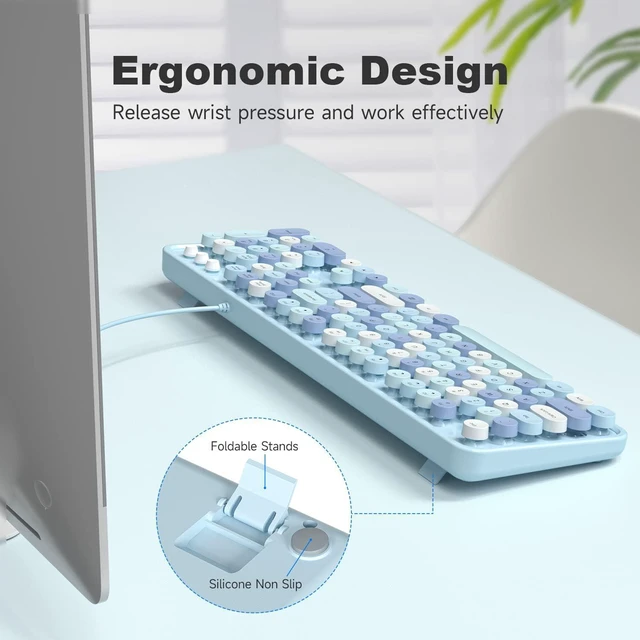 Alt view image 5 of 7 - MOWUX Computer Keyboard Wired, Plug Play USB Retro Round Typewriter Keyboard, Full Size Wired Keyboard with Foldable Stands for Laptop and Office PC - Blue Colorful