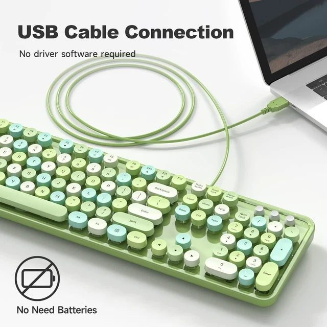 Alt view image 2 of 7 - MOWUX Computer Keyboard Wired, Plug Play USB Retro Round Typewriter Keyboard, Full Size Wired Keyboard with Foldable Stands for Laptop and Office PC - Green Colorful