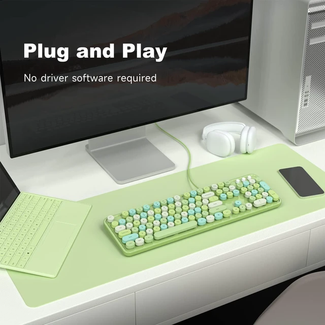 Alt view image 3 of 7 - MOWUX Computer Keyboard Wired, Plug Play USB Retro Round Typewriter Keyboard, Full Size Wired Keyboard with Foldable Stands for Laptop and Office PC - Green Colorful