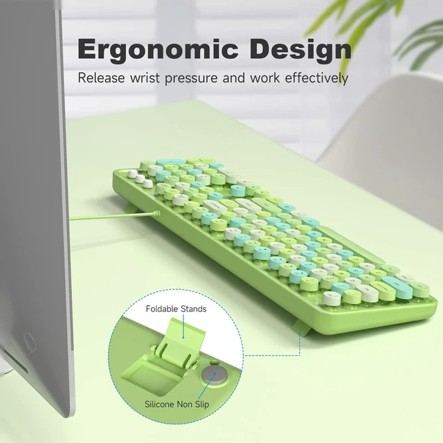 Alt view image 5 of 7 - MOWUX Computer Keyboard Wired, Plug Play USB Retro Round Typewriter Keyboard, Full Size Wired Keyboard with Foldable Stands for Laptop and Office PC - Green Colorful