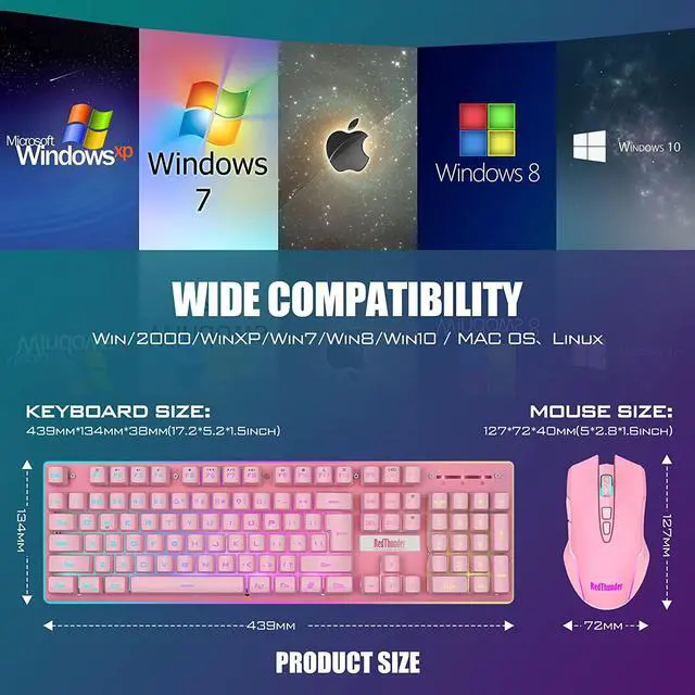 Alt view image 7 of 7 - K10 Wireless Gaming Keyboard and Mouse Combo, LED Backlit Rechargeable 3800mAh Battery, Mechanical Feel Anti-ghosting Keyboard + 7D 3200DPI Mice for PC Gamer (Pink)