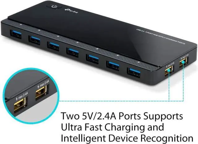 Alt view image 3 of 4 - TP-Link Powered USB Hub 3.0 with 7 USB 3.0 Data Ports and 2 Smart Charging USB Ports. Compatible with Windows, Mac, Chrome & Linux OS, with Power On/Off Button, 12V/4A Power Adapter(UH720)