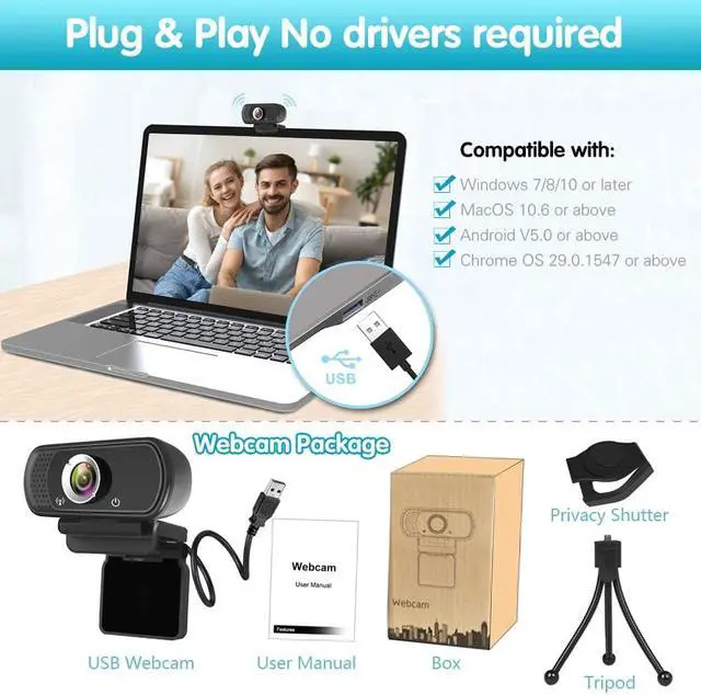 Alt view image 7 of 7 - 1080P Webcam,Live Streaming Web Camera with Stereo Microphone, Desktop or Laptop USB Webcam with 110 Degree View Angle, HD Webcam for Video Calling, Recording, Conferencing, Streaming, Gaming