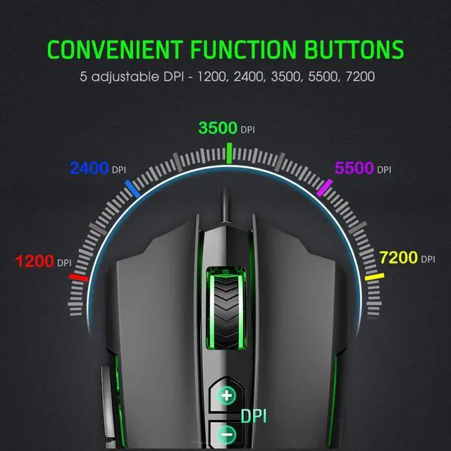 Alt view image 2 of 7 - Gaming Mouse Wired [7200 DPI] [Programmable] [Breathing Light] Ergonomic Game USB Computer Mice RGB Gamer Desktop Laptop PC Gaming Mouse, 7 Buttons for Windows 7/8/10/XP Vista Linux, Black