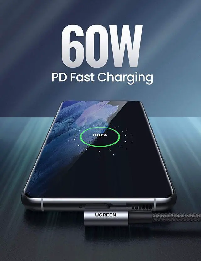 Alt view image 3 of 7 - UGREEN USB-C to USB-C Cable Right Angle 60W Power Delivery Fast Charging Cord Compatible with Nintendo Switch Google Pixel 4 3 XL Samsung Galaxy Note 20 10 S20 S10 MacBook Air iPad Pro 2020 3FT
