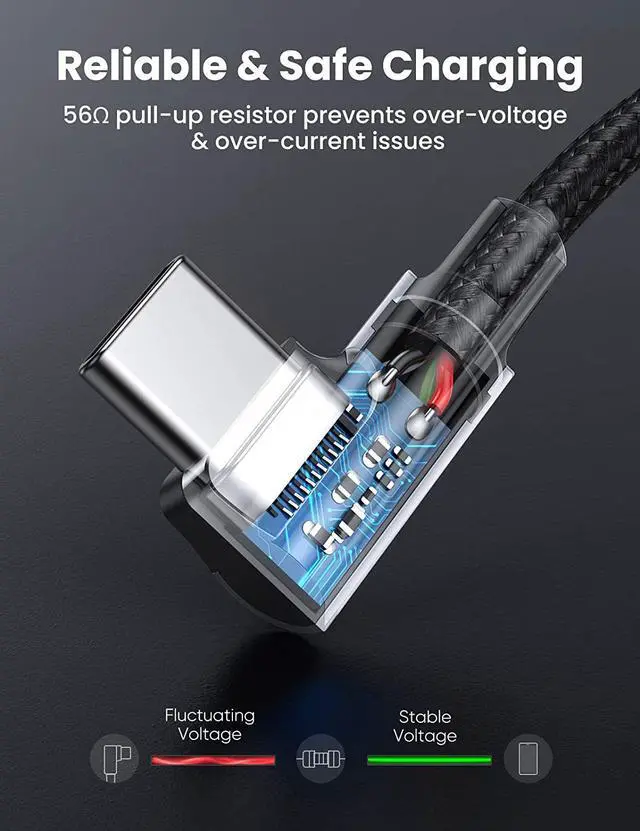 Alt view image 6 of 7 - UGREEN USB-C to USB-C Cable Right Angle 60W Power Delivery Fast Charging Cord Compatible with Nintendo Switch Google Pixel 4 3 XL Samsung Galaxy Note 20 10 S20 S10 MacBook Air iPad Pro 2020 3FT