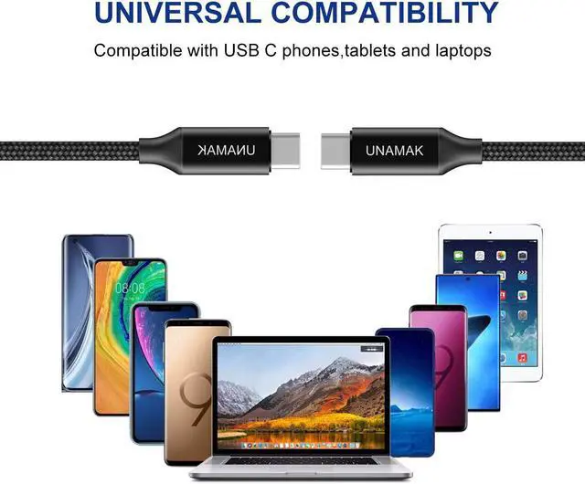 Alt view image 3 of 7 - UNAMAK USB C to USB C Cable 6.6FT (60W 20V/3A) Compatible with iPad Pro 2020 2018, MacBook, MacBook Pro, Pixel, Samsung Galaxy S20, Chromebook and USB-C Mobile Phones -Black