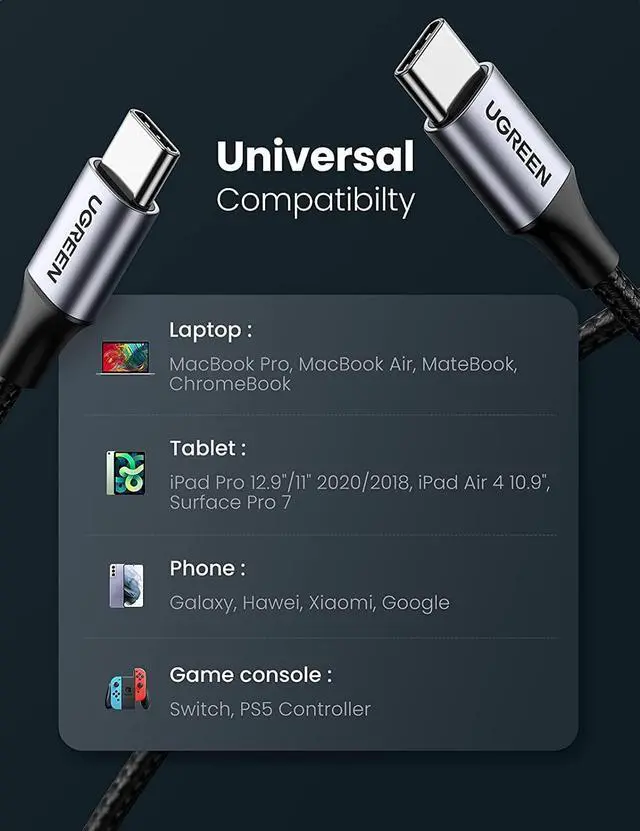 Alt view image 6 of 7 - UGREEN USB C to USB C Cable 60W Type-C PD Fast Charging Cord Compatible with Samsung Galaxy Note 10 S20 S10 S9 Google Pixel 4 3 2 XL MacBook Air 13" iPad Pro 2020 Chromebook Nitendo Switch 6FT