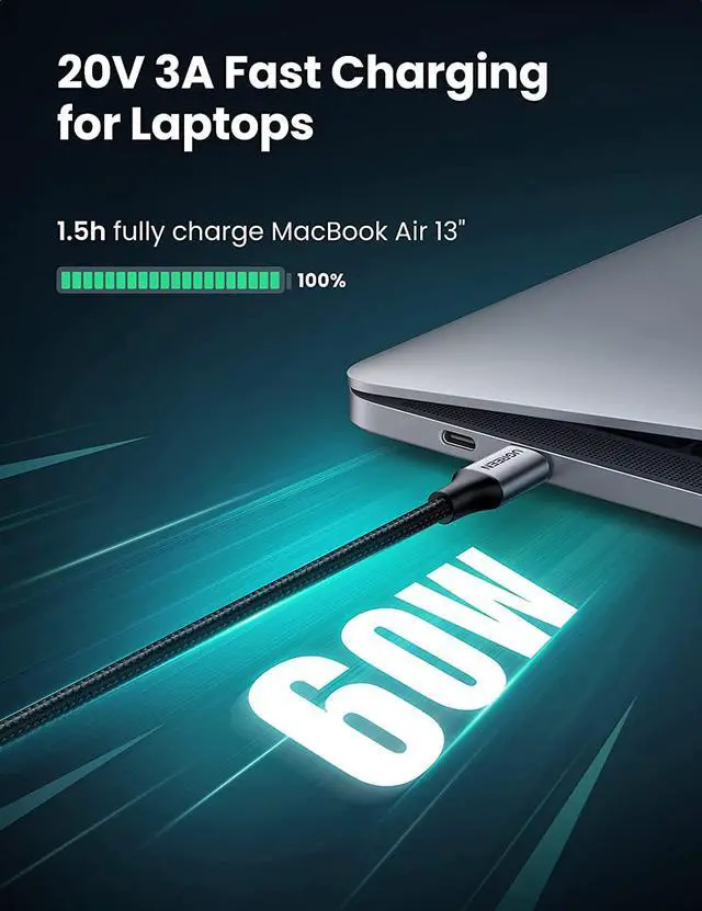 Alt view image 3 of 7 - UGREEN USB C to USB C Cable 60W Type-C PD Fast Charging Cord Compatible with Samsung Galaxy Note 10 S20 S10 S9 Google Pixel 4 3 2 XL MacBook Air 13" iPad Pro 2020 Chromebook Nitendo Switch 6FT