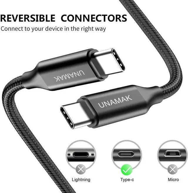 Alt view image 2 of 7 - UNAMAK USB C to USB C Cable 6.6FT (60W 20V/3A) Compatible with iPad Pro 2020 2018, MacBook, MacBook Pro, Pixel, Samsung Galaxy S20, Chromebook and USB-C Mobile Phones -Black
