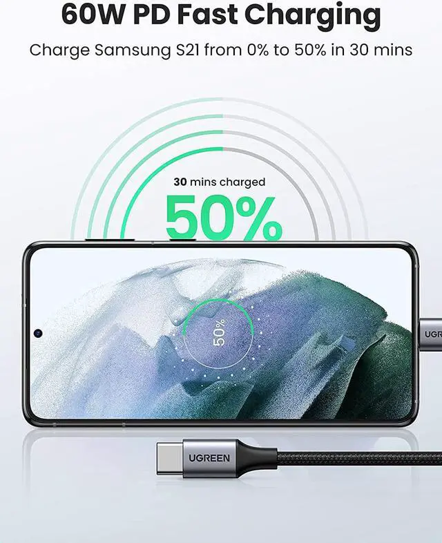 Alt view image 2 of 7 - UGREEN USB C to USB C Cable 60W Type-C PD Fast Charging Cord Compatible with Samsung Galaxy Note 10 S20 S10 S9 Google Pixel 4 3 2 XL MacBook Air 13" iPad Pro 2020 Chromebook Nitendo Switch 6FT