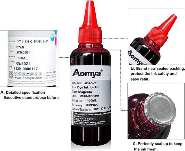 Alt view image 2 of 7 - Aomya Ink Refill kit 6x100ml  60 61 63 64 65 902 932 952 564 Refillable Ink Cartridge  Envy 4500 4520 5643 OfficeJet 6500a 6500 6000 (3 Black, 1 Cyan, 1 Magenta, 1 Yellow)