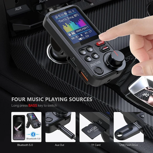 Alt view image 7 of 7 - Nulaxy Car Bluetooth Transmitter, Strong Microphone Bluetooth Car Radio Adapter with 1.8" Color Screen for Hands Free Calls, Supports QC3.0 Charging, Treble and Bass Sound Music Player- KM30