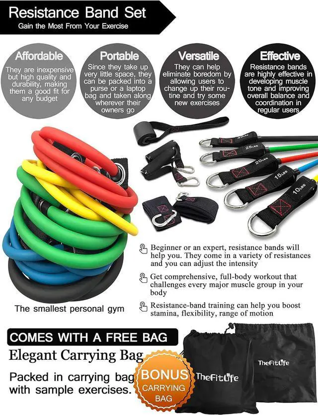 Alt view image 6 of 7 - TheFitLife Resistance Bands with Handles - Designed for American Body Types, Exercise Workout Tubes for Men, Women, Includes Large Handles, Ankle Straps, Door Anchor, Fitness Levels