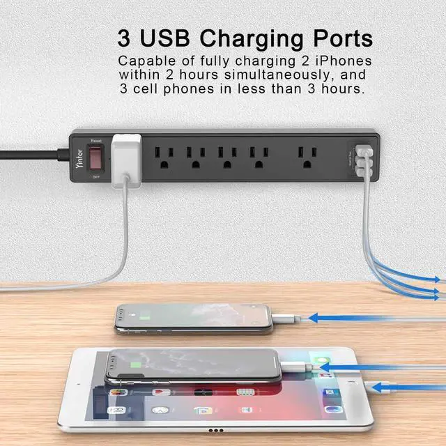 Alt view image 4 of 7 - 6Ft Power Strip Surge Protector - Yintar Extension Cord with 6 AC Outlets and 3 USB Ports for for Home, Office, Dorm Essentials, 1680 Joules, ETL Listed, (Black)