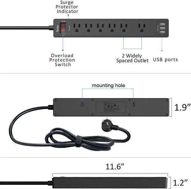 Alt view image 7 of 7 - 6Ft Power Strip Surge Protector - Yintar Extension Cord with 6 AC Outlets and 3 USB Ports for for Home, Office, Dorm Essentials, 1680 Joules, ETL Listed, (Black)