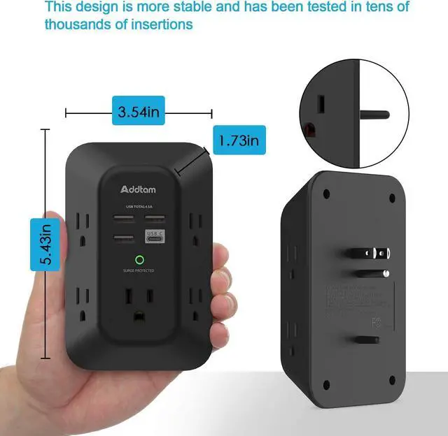 Alt view image 6 of 7 - USB Wall Charger Surge Protector - Addtam 5 Outlet Extender with 4 USB Charging Ports (1 USB C), 3-Sided 1800J Power Strip Multi Plug Outlets Adapter Widely Spaced,Black