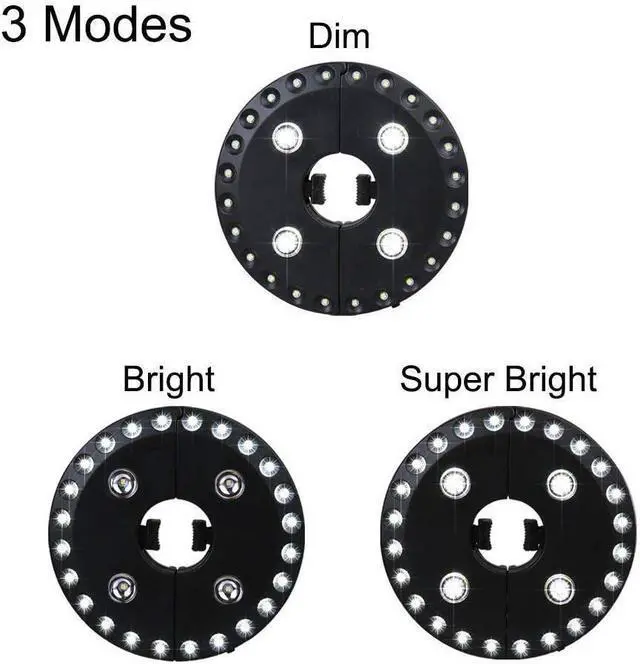 Alt view image 3 of 6 - Patio Umbrella Light 3 Brightness Modes Cordless 28 LED Lights-4 x AA Battery Operated Umbrella Pole Light for Patio Umbrellas Camping Tents or Indoor Use