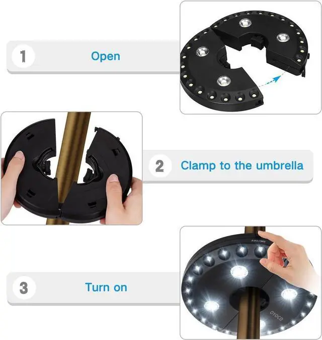 Alt view image 4 of 6 - Patio Umbrella Light 3 Brightness Modes Cordless 28 LED Lights-4 x AA Battery Operated Umbrella Pole Light for Patio Umbrellas Camping Tents or Indoor Use