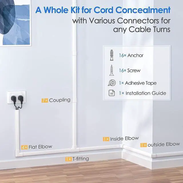 Alt view image 4 of 7 - 125in Cord Cover, Yecaye Large Cord Concealer on Wall Cable Management, Cable Raceway Kit for Mount TVs, Wire Hider for Home Office, 8X L15.7in W1.18in H0.6in, CMC02-Large, White