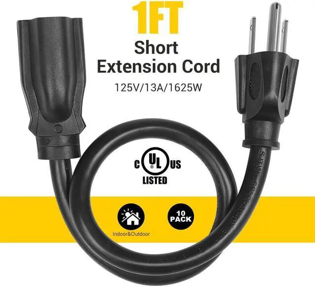 Alt view image 2 of 7 - 10 Pack Short Extension Cord 1 Foot Power Cord 16 AWG SJTW Weatherproof Extension Cable for Indoor Outdoor Use 3 Prong Grounded Outlets Plugs NEMA 5-15P to NEMA 5-15R Black UL Listed