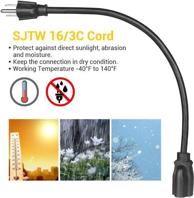 Alt view image 3 of 7 - 10 Pack Short Extension Cord 1 Foot Power Cord 16 AWG SJTW Weatherproof Extension Cable for Indoor Outdoor Use 3 Prong Grounded Outlets Plugs NEMA 5-15P to NEMA 5-15R Black UL Listed