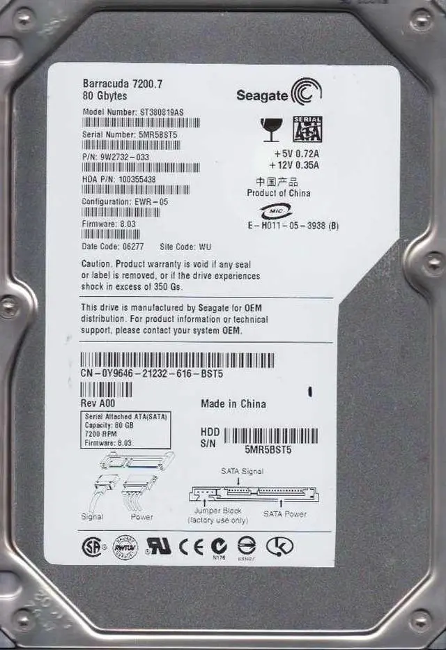 Alt view image 2 of 2 - Seagate Barracuda ST380819AS 80GB 7200 RPM 8MB Cache SATA 3.5" Internal Hard Drive Bare Drive