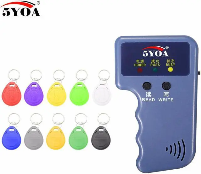Main image of Handheld 125KHz EM4100 RFID Copier Writer Duplicator Programmer Reader + 10 EM4305 T5577 Rewritable ID Keyfobs Tags Card