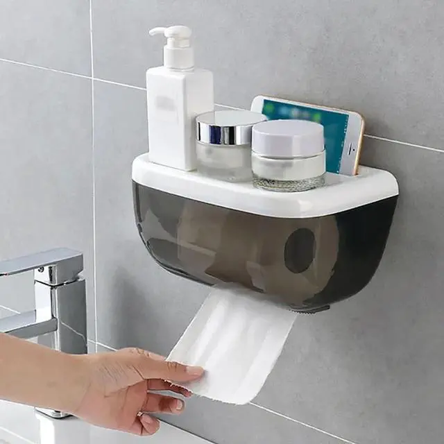 Alt view image 2 of 6 - Wall-Mounted Tissue Box Toilet Paper Phone Holder Shelf Paper Rack Container Roll Paper Storage Box Bathroom Organizer