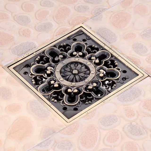 Main image of Antique Brass 4" Square Floor Drain Cover Decorative Floor Waste Grate Drainer