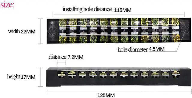 Alt view image 5 of 5 - 600V 15A 12-Position Screw Barrier Terminal Block, TB-1512 Wire Barrier Block Terminal Strip, Power Distribution Terminal