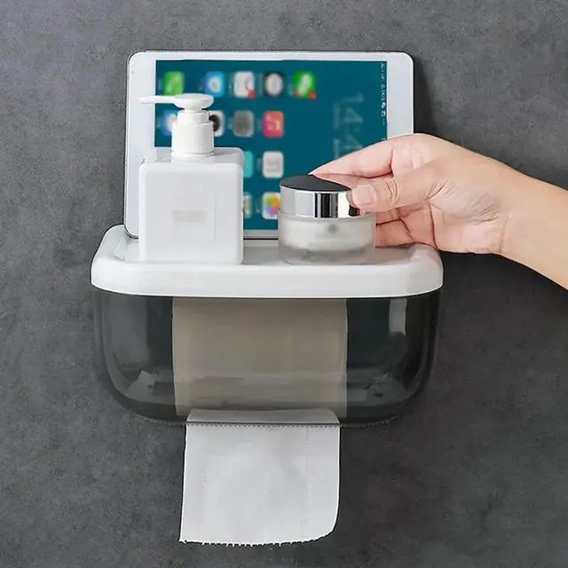 Alt view image 3 of 6 - Wall-Mounted Tissue Box Toilet Paper Phone Holder Shelf Paper Rack Container Roll Paper Storage Box Bathroom Organizer