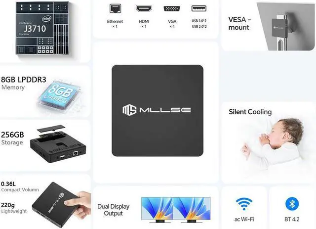 Alt view image 6 of 6 - MLLSE M2 Pro Mini PC Mini Desktop Computer with Intel J3710 Processor, 8GB LPDDR3 256GB SSD Mini Computer, WiFi/ BT 4.2/ Ethernet/ VGA/ HDMI/ USB 3.0*2 USB2.0*2