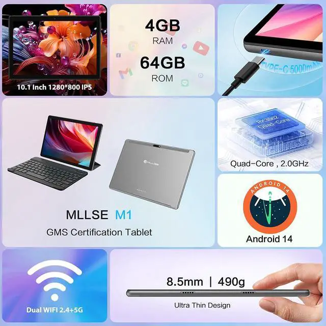 Alt view image 3 of 7 - MLLSE Tablet PC 10.1", Android 14 Tablet PC With Keyboard, 4GB RAM 64GB ROM, RK3562(4-Core), 5+2MP Camera, BT5.0, 5000mAh Capacity, IPS 1280*800, Dual Wifi 2.4G+5G