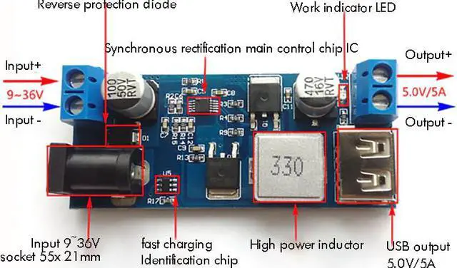 Alt view image 4 of 6 - Step Down Voltage Regulator DC 9V-36V 24V/12V to 5V 5A Voltage Reducer Transformer Module Board with USB Port, LED Light