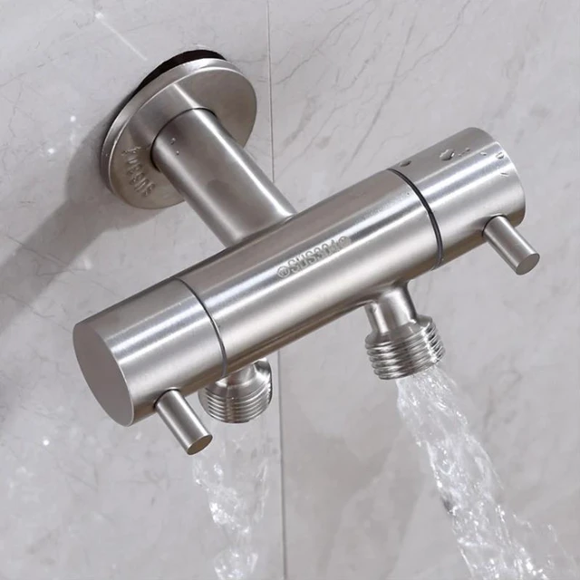 Alt view image 4 of 5 - G1/2' Wall Mounted Double Outlet Outdoor Garden Faucet Bathroom Wall Mounted Wash Machine Faucet Angle Valve 304 stainless steel