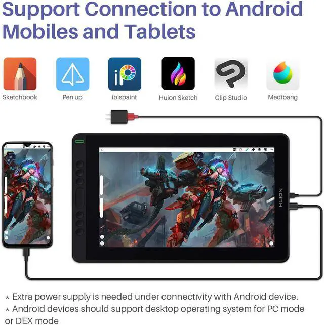 Alt view image 3 of 7 - 2020 HUION Kamvas 13 Android Support Graphics Drawing Tablet Monitor with Full Laminated Screen Battery-Free Stylus 8192 Pressure Sensitivity Tilt 8 Express Keys Adjustable Stand -13.3 inch, Black