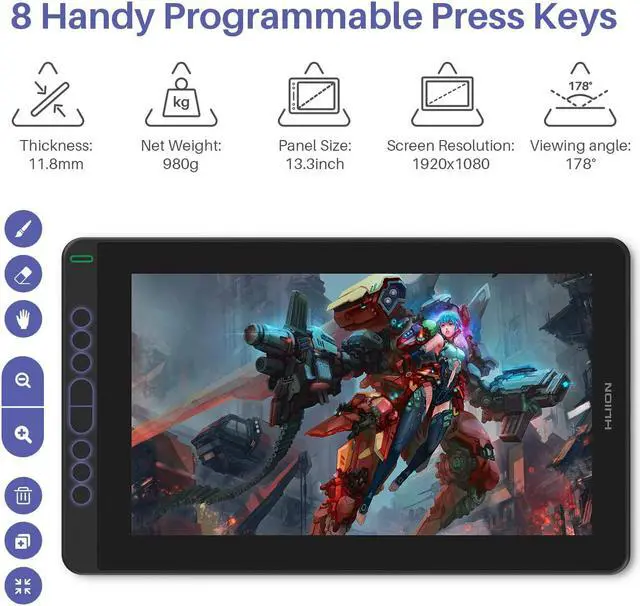 Alt view image 4 of 7 - 2020 HUION Kamvas 13 Android Support Graphics Drawing Tablet Monitor with Full Laminated Screen Battery-Free Stylus 8192 Pressure Sensitivity Tilt 8 Express Keys Adjustable Stand -13.3 inch, Black