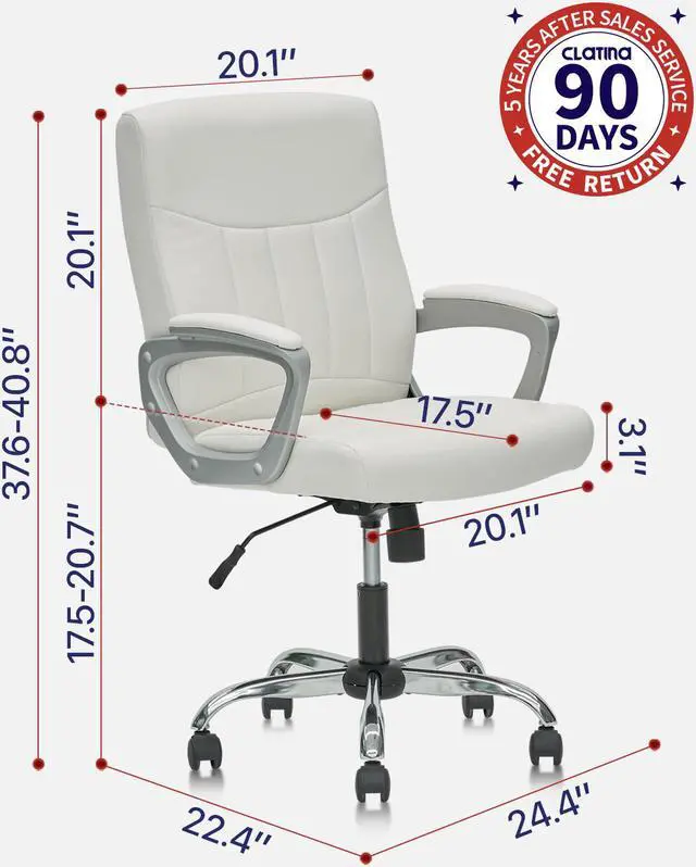 Alt view image 4 of 14 - CLATINA Leather Office Executive Chair, Mid Back Computer Desk Chair with Lumbar Support and Padded Armrests, Ergonomic Adjustable Swivel Chair for Home, White