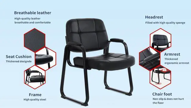 Alt view image 4 of 14 - CLATINA Big & Tall Waiting Room Guest Chair with Bonded Leather Padded Arm Rest and Sled Base for Office Reception Lobby and Conference Desk, Black