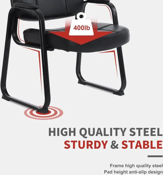 Alt view image 5 of 14 - CLATINA Big & Tall Waiting Room Guest Chair with Bonded Leather Padded Arm Rest and Sled Base for Office Reception Lobby and Conference Desk, Black