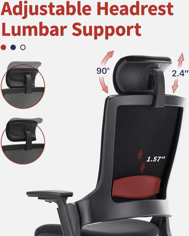 Alt view image 4 of 14 - CLATINA Ergonomic High Swivel Executive Chair with Adjustable Height Head 3D Arm Rest Lumbar Support and Upholstered Back for Home Office Black