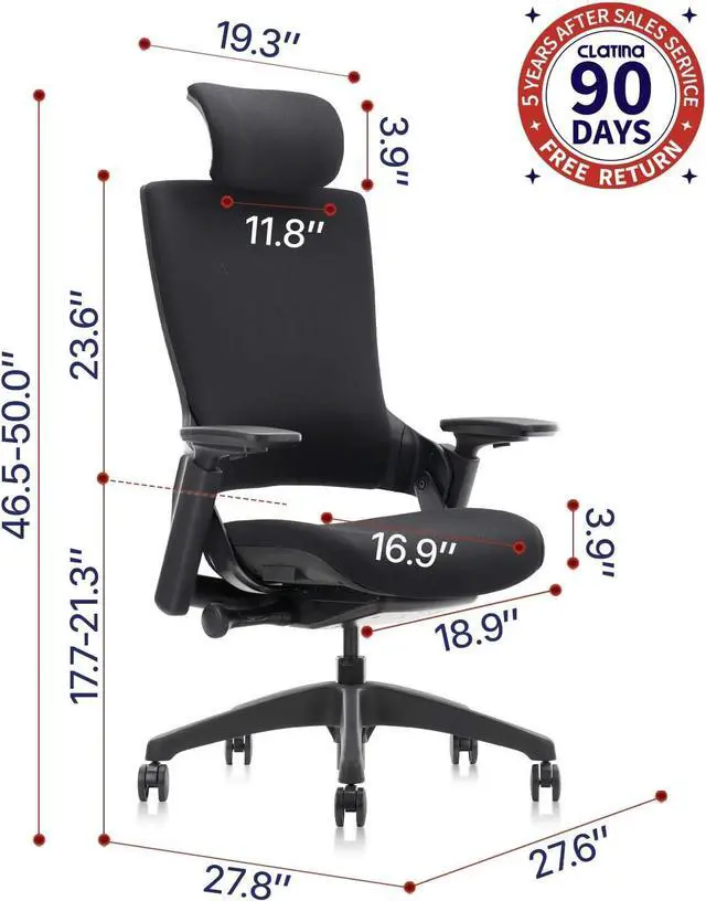 Alt view image 2 of 14 - CLATINA Ergonomic High Swivel Executive Chair with Adjustable Height Head 3D Arm Rest Lumbar Support and Upholstered Back for Home Office Black